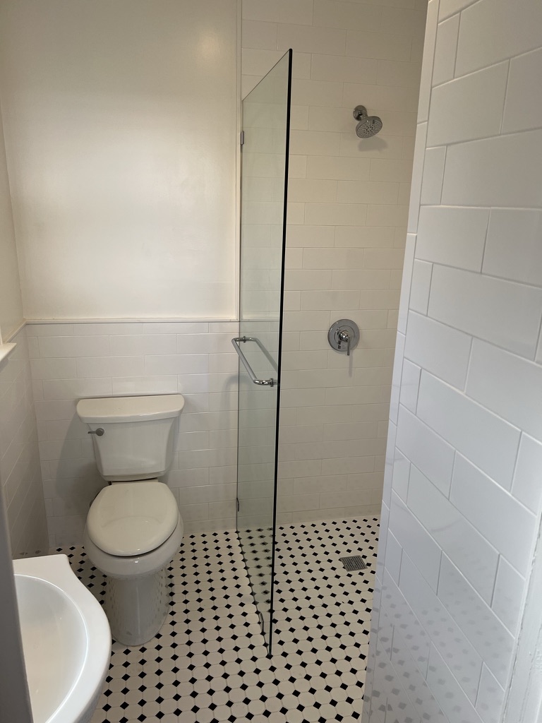 Black and white tiled shower