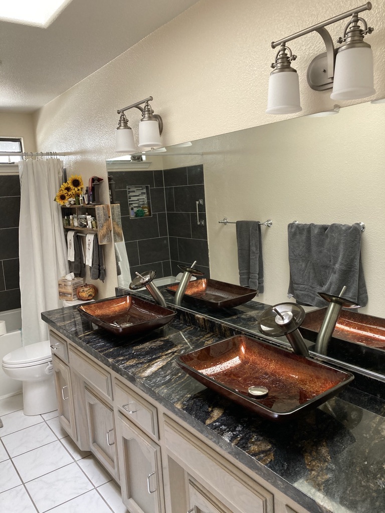 Custom vanity with copper vessel sinks
