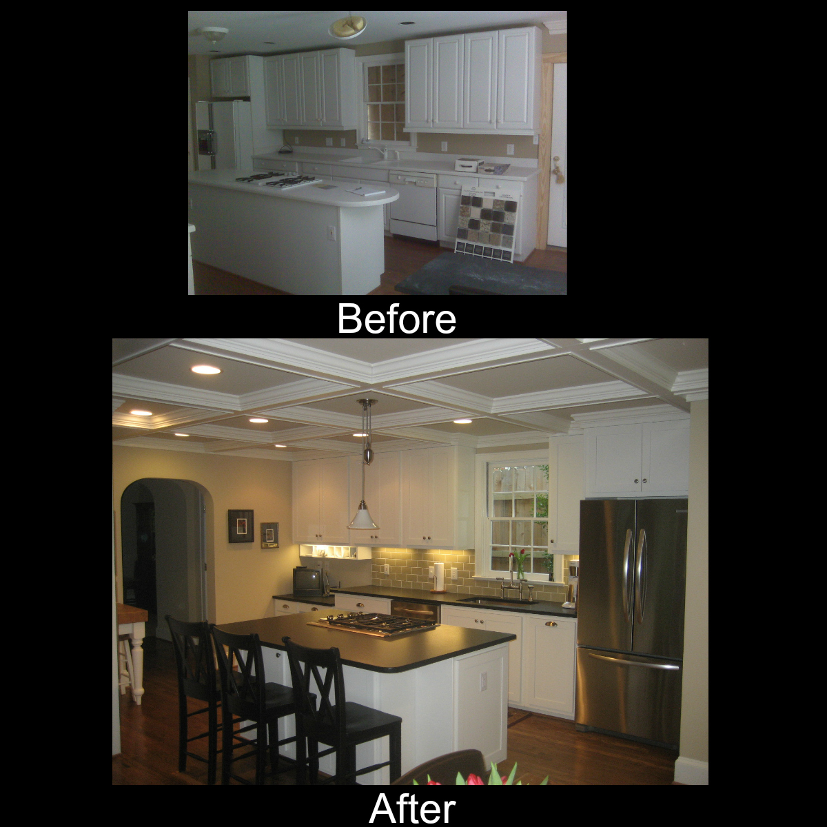 Hart kitchen before and after remodeling, with an island, white cabinetry, and a coffered ceiling