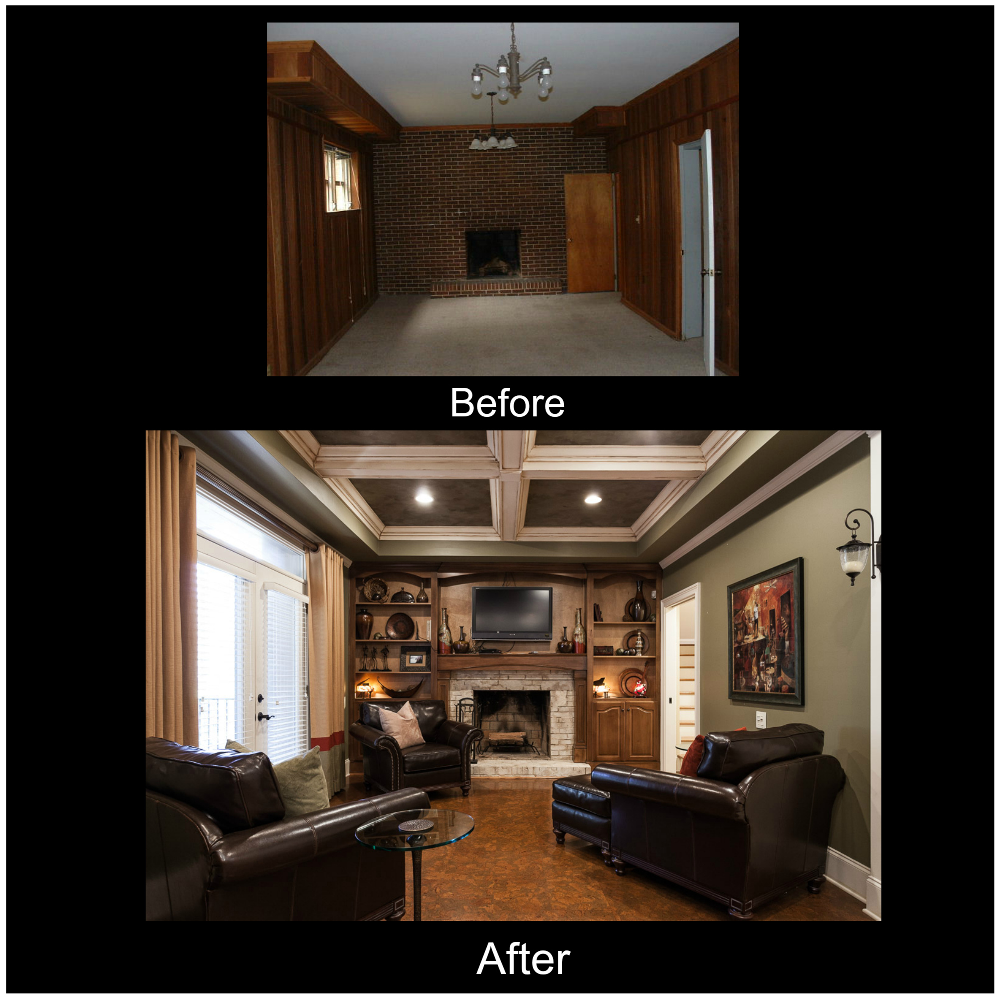 Woodview basement fireplace before and after renovation, with custom built-ins and a coffered ceiling